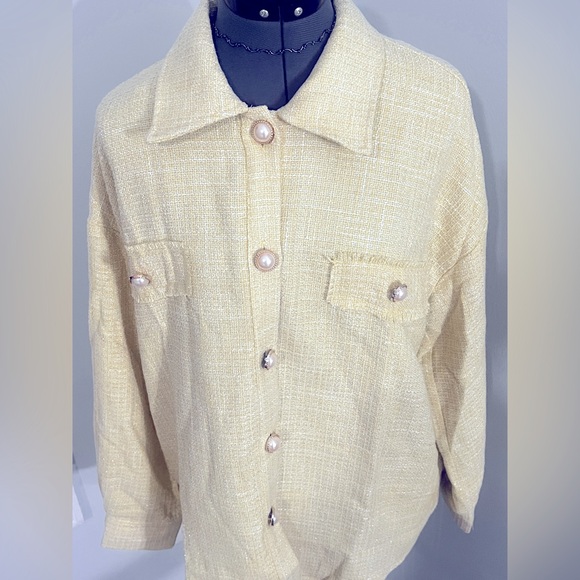 ANDREE BY UNIT Jackets & Blazers - Andre By Unit Sz L Yellow Tweed Jacket Pearl Button Blazer Preppy Chic NWT